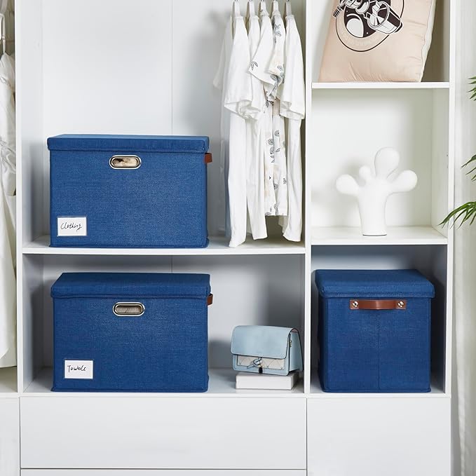 17" Large Collapsible Storage Bins with Lids, Stackable Closet Organizers with PU Handle and Labels, 3-Pack Decorative Fabric Storage Boxes for Home, Bedroom, Closet, Office, Nursery(Navy)-NeatNest