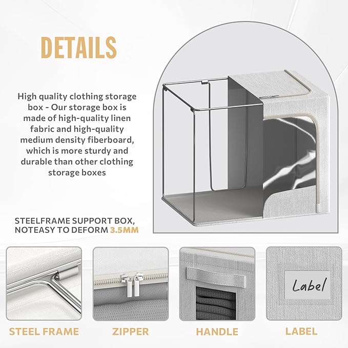 6 Pack Clothes Storage Bins with Metal Frame Clothing Storage Bins with Lid Linen Fabric Storage Box With Clear Window& Zippers& Durable Handles (Medium-30L, Count, 6)-NeatNest