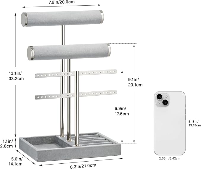 3 Tier Bracelet Holder Display - Detachable T Bar Grey Velvet Bracelet Holder, Jewelry Holder Organizer for Bracelet, Necklace, Earrings, Rings