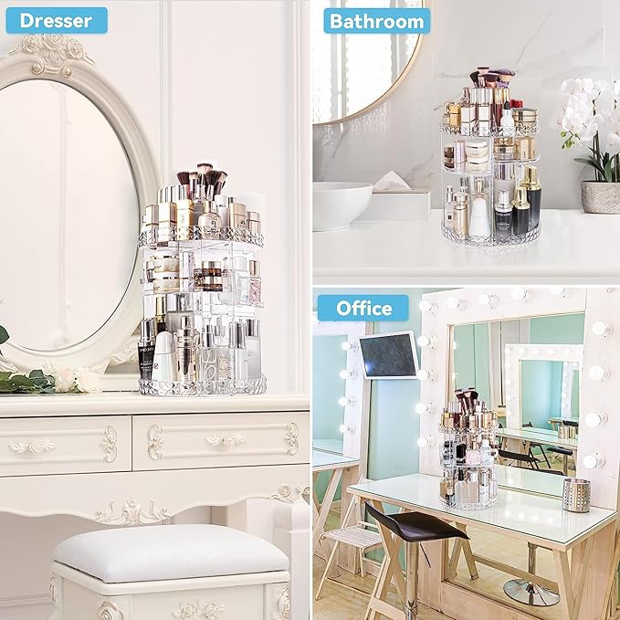 ZHIAI 360 Rotating Makeup Organizer, Large Capacity Cosmetics Organizer for Perfume Holder Organizer Countertop, DIY Adjustable Bathroom Makeup Carousel Holder Rack, Clear Diamond-NeatNest