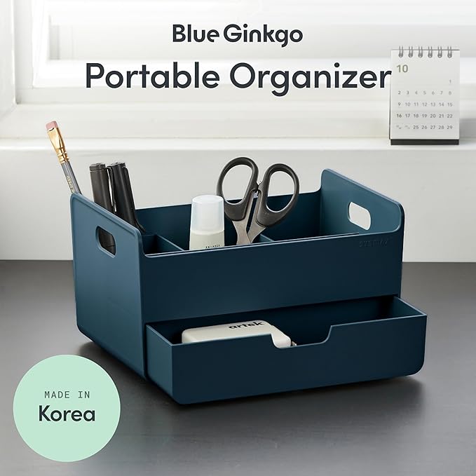 BLUE GINKGO Portable Desk Organizer – Compact 3 Compartment, Half-drawer Storage – Pen Holder, Stationery Desktop Organizer for Office, Makeup, Crafts (Made in Korea, Blue)-NeatNest