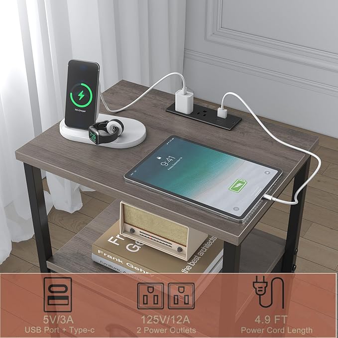 Nightstand with Charging Station, LED Night Stand with 2 Fabric Drawers, Grey Bedside Tables End Table with Drawers, 2-Tier Storage Side Table Nightstand with Drawers for Bedroom, Grey