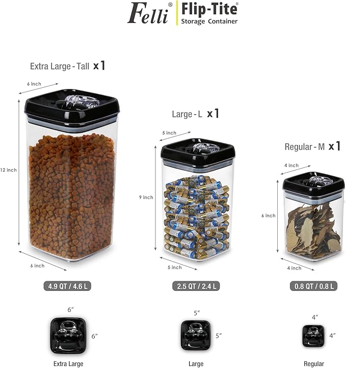 Felli Flip Tite Storage Container with Lid 6" XL Air Tight Ring Lock Top, Clear Acrylic Canister Set for Kitchen, Pet Cat Dog Food Treats, 5 lb Flour Sugar Pantry Organizer (Nest-L, Black)-NeatNest