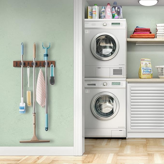 Mop Broom Holder Wall Mount with 3 Slots & 4 Hooks - Wood Broom Mop Hanger for Pantry Kitchen Organization - Garden Tool Organizer for Closet Laundry Room - for Rustic Farmhouse Kitchen Decor-NeatNest