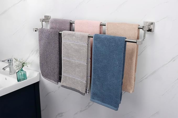 TocTen Double Bath Towel Bar - Thicken SUS304 Stainless Steel Towel Rack for Bathroom, Bathroom Accessories Double Towel Rod Heavy Duty Wall Mounted Square Towel Holder(Brushed Nickel, 30 INCH)