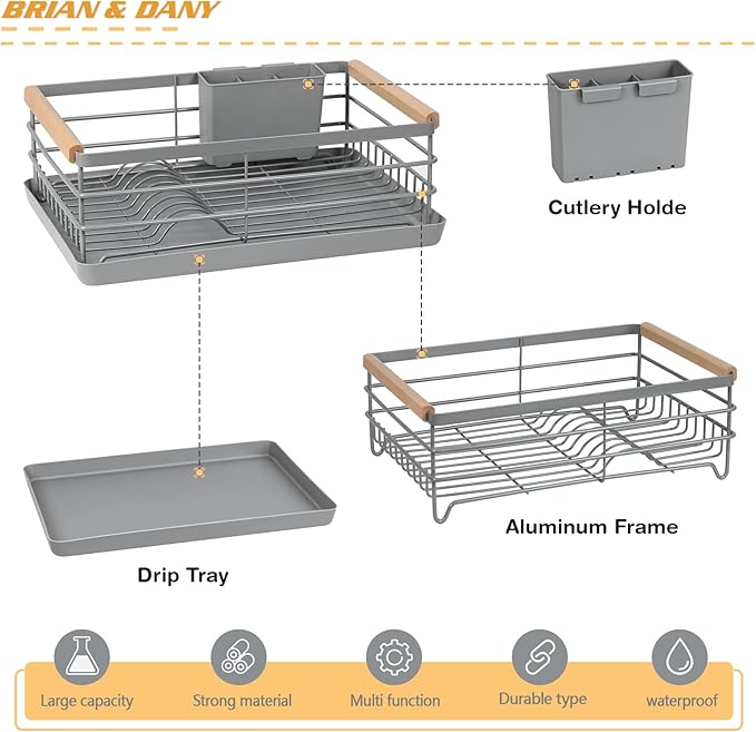 BRIAN & DANY Dish Drying Rack, Dish Racks for Kitchen Counter, Stainless Steel Dish Drainer with Removable Cutlery Holder & Drainboard, Grey