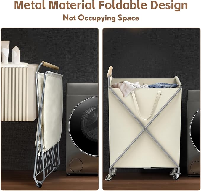 Foldable Metal Laundry Basket with Wheels, 2-Section Rolling Laundry Hamper, 37 Gallons (140L), Removable Liner, Steel Frame with Wooden Handle, Cream White