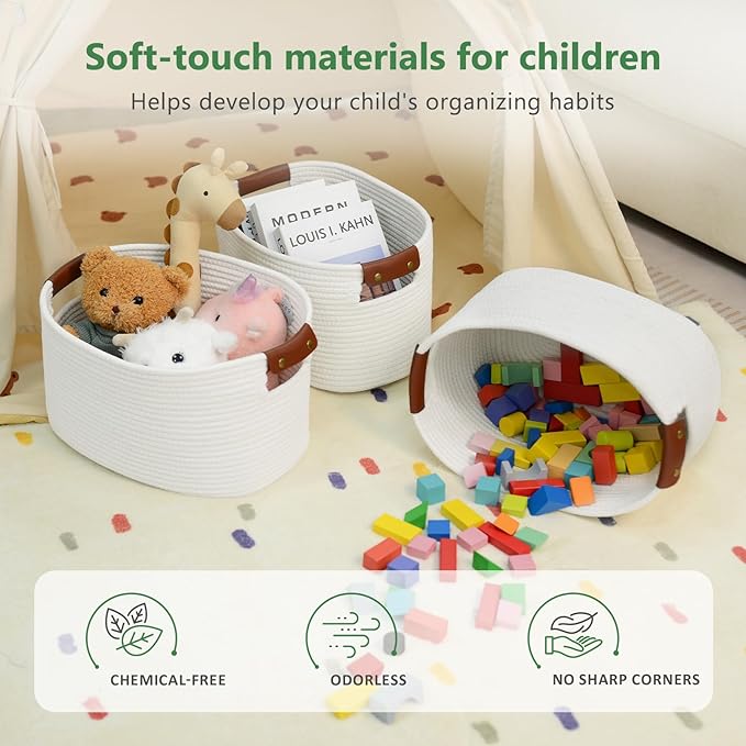 Cotton Rope Basket , Storage Baskets with Handle, 15x10x9 Inch Woven Basket for Shelves, Laundry, Towels, Clothes, Books, Toys (White 3Pack)-NeatNest