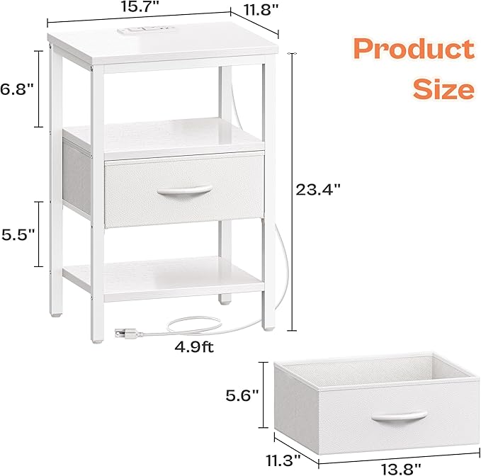 SUPERJARE Nightstand Set of 2, Bed Side Tables with Charging Station, Adjustable Fabric Drawer, Night Stand for Bedroom, 3-Tier Storage End Tables, White, 8694WC