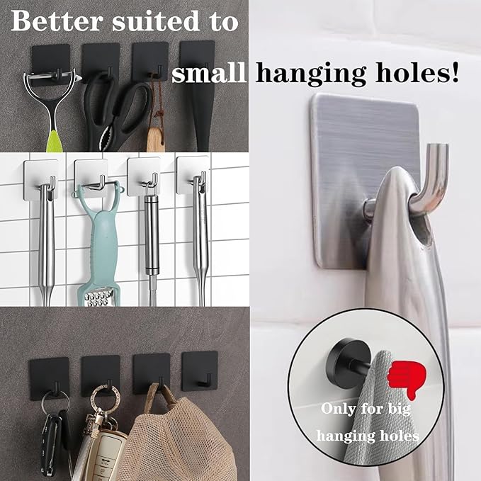 Bath Towel Hooks, 4 Pack Strong Self Adhesive Coat/Clothes Hooks, No Drilling Sticky Hooks, Heavy Duty 304 Stainless Steel Shower Wall Hook for Bathroom Kitchen Bedroom(Matte Black)