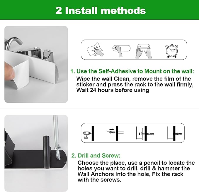 voze 2 Racks and 3 Hooks Mop and Broom Holder Wall Mount, Self Adhesive Heavy Duty Broom Organizer Storage Tool Racks for Kitchen Garden Laundry Garage-NeatNest