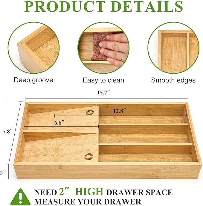 Bamboo Silverware Drawer Organizer Cutlery Tray for Drawer Wood Kitchen Utensil Tray Flatware Caddy Cutlery Holder Utensil Drawers Organizer for Spoon Fork Knives Wooden Silverware Trays-NeatNest