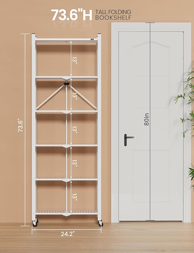 ALANNG 73.6 Inch Folding Bookshelf, 6 Tier Metal Bookcase and Bookshelves, Tall Shelves for Living Room Office Bedroom, Heavy Duty Book Shelve Free Standing Open (White, 4PACK)