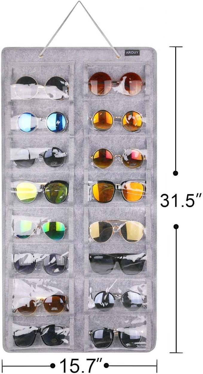 AROUY Sunglasses Organizer Storage, Hanging Dust Proof Wall Pocket Glasses Organizer - 16 Felt Slots Sunglass Organizer Holder with Metal Hook and Sturdy Rope (Gray, Dust Proof)-NeatNest