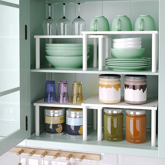 Cabinet Organizer Shelf(Set of 2),Kitchen Counter Shelves,Bamboo Spice Rack Countertop and Cabinet,Stackable Expandable,Medium,(White)-NeatNest