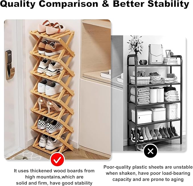 YYW Bamboo Shoe Rack for Entryway, Free Standing Shoe Racks Shelf Closet, Widen Foldable Vertical Shoe Storage Organizer for Living Room-NeatNest