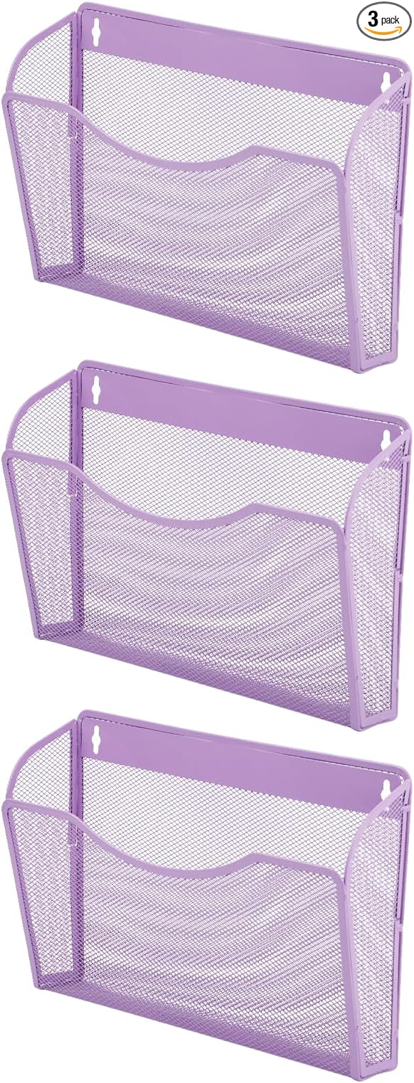EASEPRES 3 Single Pocket Mesh Hanging File Organizer, Vertical Wall Mounted Magazine File Holder, Mount Basket Mail Paper Document Folder Organizing for Office, Home and School, Light Purple