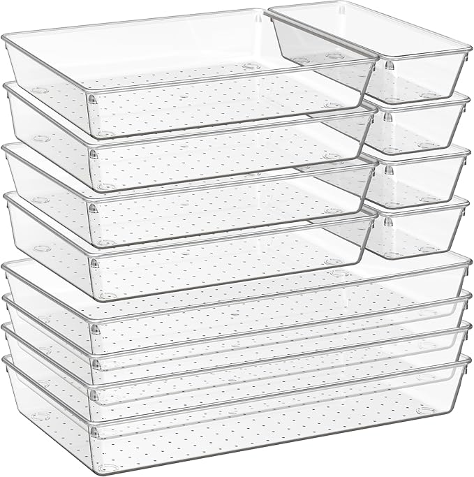 Criusia 12 Pack Large Clear Plastic Drawer Organizer Trays | MULTI-USE Acrylic Drawer Storage for Kitchen, Bathroom, Makeup, Office, School, Undies | College Dorm Room, Home Apartment Essentials-NeatNest