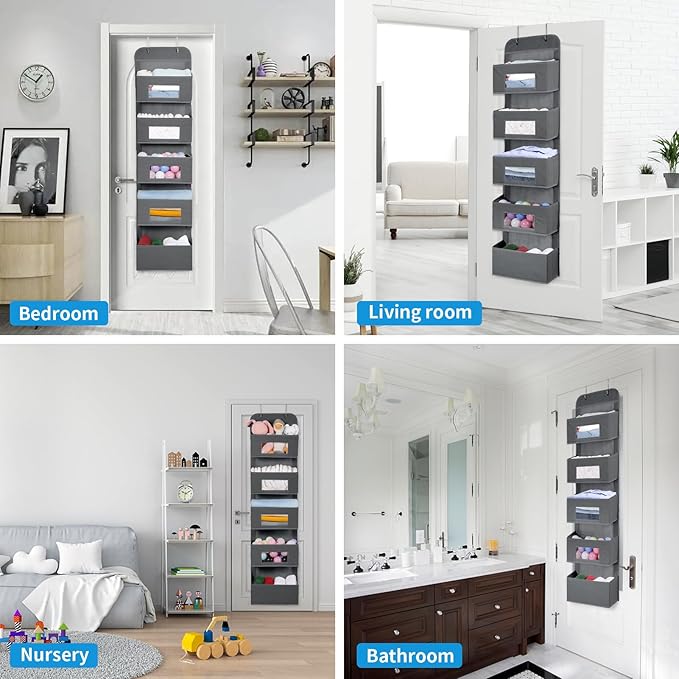5-Shelf Over The Door Hanging Organizer with 2 Metal Hooks,5 Pocket Over The Door Wall Mount Storage with Clear Windows for Baby Nursery Bathroom Closet,Bedroom,Dorm (Gray-2 Pack)-NeatNest