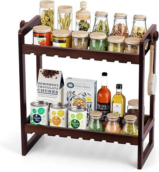 Countertop Organizer, Bamboo Spice Rack Organizer for Pantry, 2 Tier Kitchen Counter Shelf, Coffee Station Organizer,Teak-NeatNest