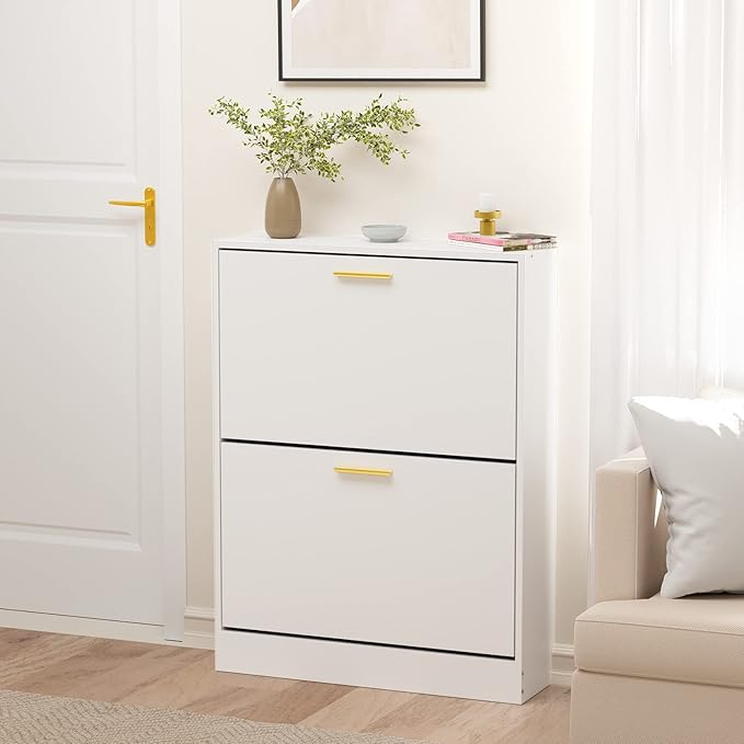 JOZZBY Shoe Cabinet for Entryway, Narrow White Shoe Storage Cabinet with 2 Flip Drawers, Wooden Hidden Shoe Rack Organizer with 2 Tier Freestanding for Hallway, Living Room, Set of 2-NeatNest