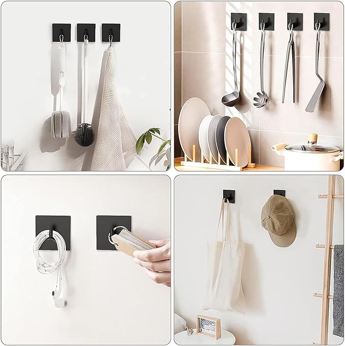 Adhesive Towel Hooks for Hanging - Self Adhesive Damage Free Towel Rack, Waterproof Shower Hooks, Heavy Duty Stick on Stainless Hook for Bathrooms, Kitchens, and Offices (Black,4 Pcs)