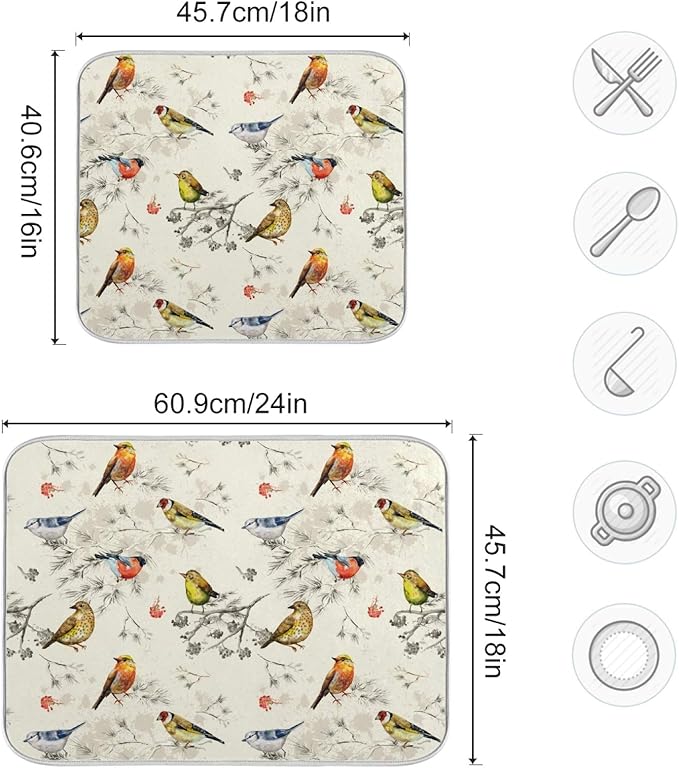 Absorbent Dish Drying Mat Microfiber Dish Drying Pad Reversible Drainer Mats for Countertop, Spring Cute Birds Kitchen Counter Decor, 16'' x18''