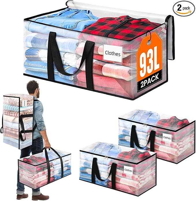 BlissTotes 2-Pack Large Moving Bags with Backpack Straps & Strong Zippers, Heavy-Duty Storage Bags Moving Boxes for Space Saving, Dorms, Transport, 93L-25 Gallons, Clear-NeatNest