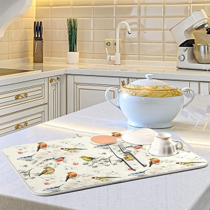 Absorbent Dish Drying Mat Microfiber Dish Drying Pad Reversible Drainer Mats for Countertop, Spring Cute Birds Kitchen Counter Decor, 16'' x18''