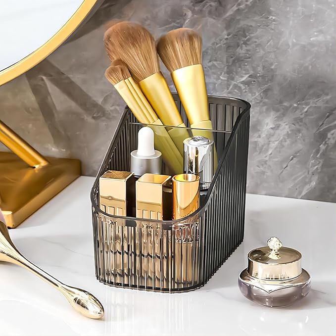 DASITON Large Capacity Makeup Brush Holder,3 Slot Makeup Brush Cup,Vintage striped Make Up Brush Holder,for Vanity Decor,Bathroom Countertops,Desk Storage Container,Cosmetic Display cases(Black-S)-NeatNest