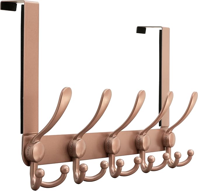 Dseap Over Door Hook 2.0 - Upgraded Version - Simple-Assembly, Strong, Heavy-Duty Stainless Steel 5-Tri-Hook Over The Door Hanger Rack, SimpleStrong Series, Rose Gold