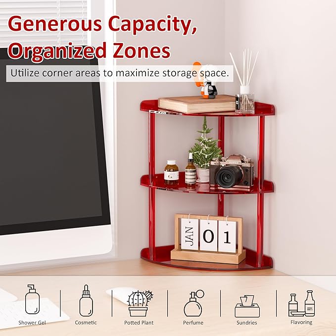3 Tier Acrylic Corner Shelf Organizer Storage 9.5x9.5x15.7 Inch, Red Countertop Corner Shelf for Bathroom, Kitchen, Bedroom, Office, Study Room-NeatNest