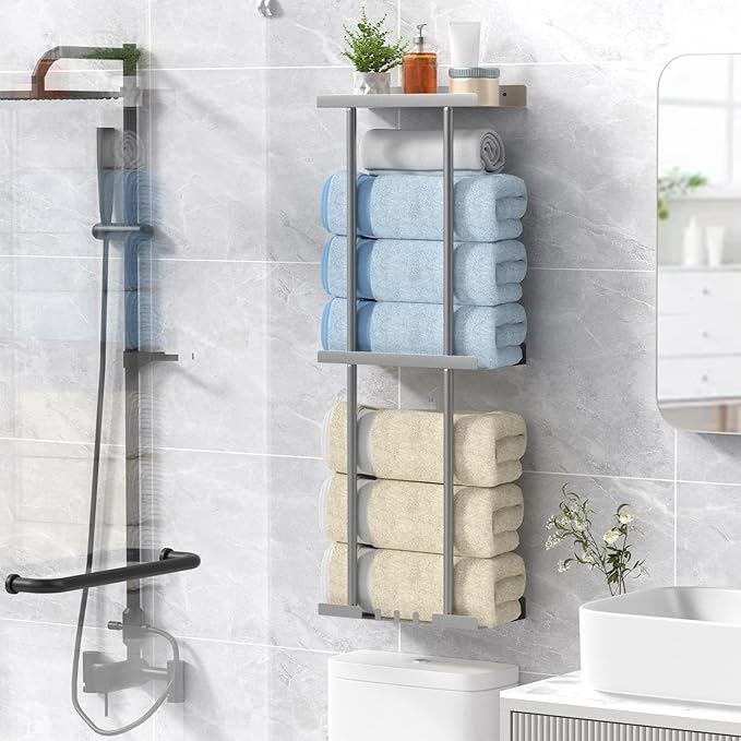 LiuoudTowel Rack for Bathroom, Wall Mounted Vertical Rolled Towel Storage Organizer Holder with Shelf, Holds Up 6 Large Bath Sheets, Silver Grey Large