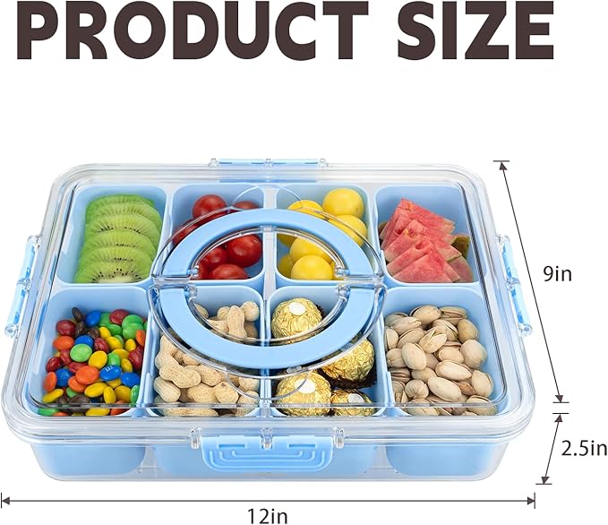 Divided Serving Tray with Lid and Handle,8 Compartments Snacks Box,Snack Fruit Veggie Tray,Portable Platter for Candy Fruits Nuts Snack Party Entertaining Picnic (2PCS Blue)-NeatNest