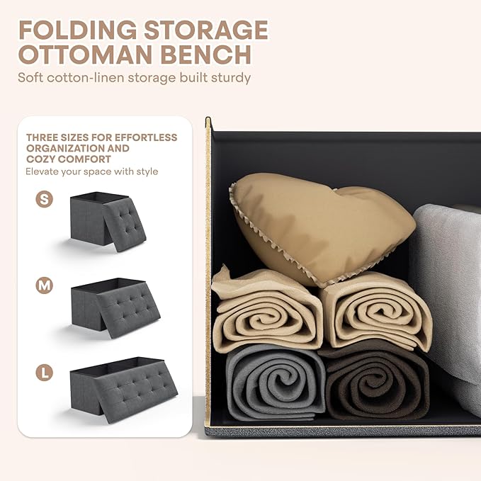 Ottoman Folding Storage Bench, 30x15x15 Inch, Foot Rest Stool for Living Room, Bedroom, Entryway, End of Bed - Multi-Functional Ottoman with Storage Dark Gray