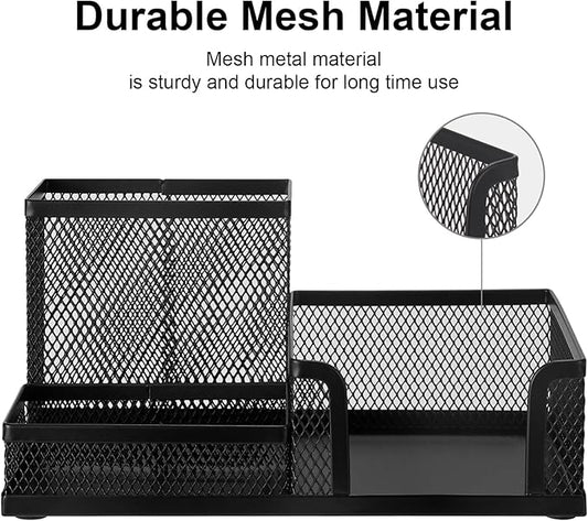 Comix Mesh Pen Pencil Holder Desk Organizer, 3 Compartment Wire Desktop Pen Pencil Cup Caddy Office Supplies Desk Accessories for Home Office School, Black-NeatNest