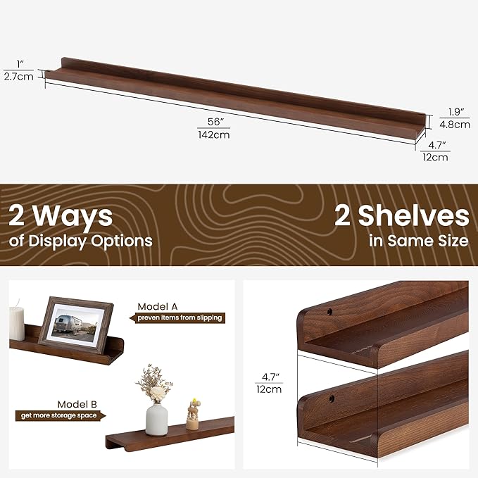 Floating Shelves for Wall | Picture Ledge Shelf Set of 2 | Solid Ash Wood Floating Shelves with Lip | 55 Inch Dark Wood Picture Shelf for Wall with Ledge | Photo Ledge Shelves-NeatNest