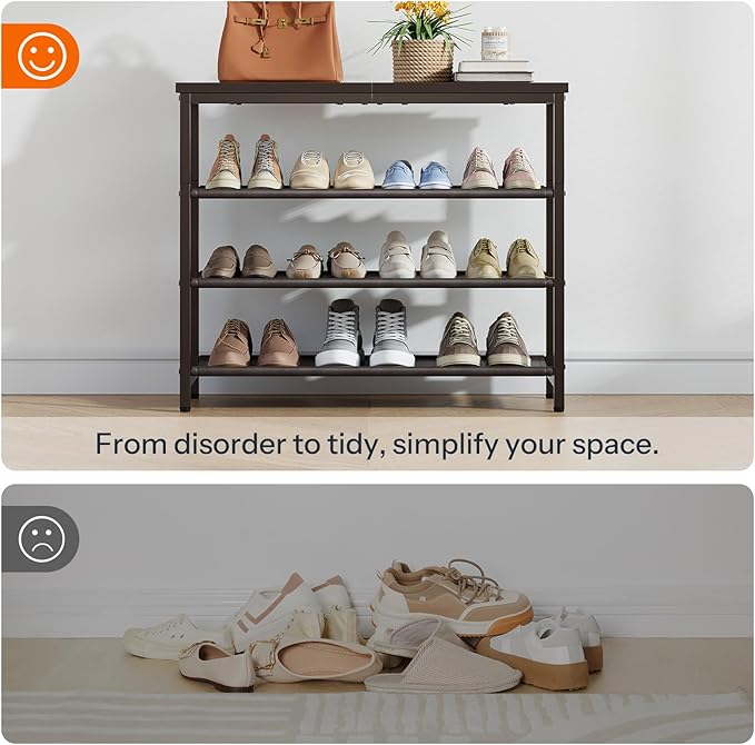 HOOBRO Shoe Rack with 3 PU Shelves, 4-Tier Shoe Storage Organizer for Closet and Entryway, Holds 9-12 Pairs of Shoes, Sturdy Metal Frame, Small Spaces, Brown BR94XJ01-NeatNest