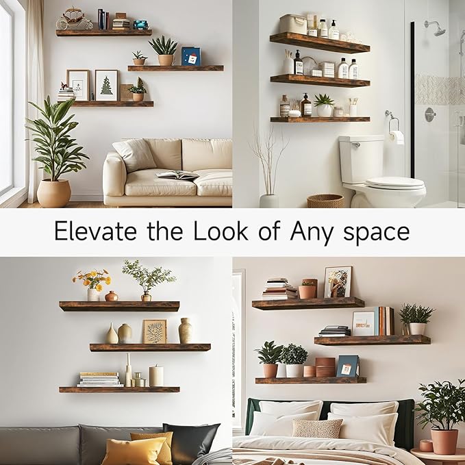 BAYKA Floating Shelves for Wall, 36 inches Wall Mounted Rustic Wood Shelves for Bathroom, Bedroom, Living Room, for Storage/Decor with 30lbs Capacity๏ผRustic Brown,Set of 3-NeatNest