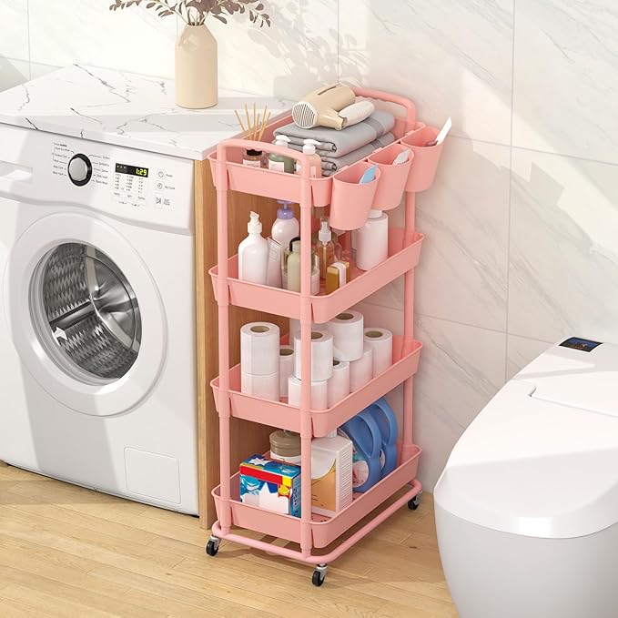 JIUYOTREE 4-Tier Plastic Rolling Storage Cart Utility Cart with Extra Hanging Cups Handles Lockable Wheels for Living Room Bathroom Kitchen Office Pink-NeatNest