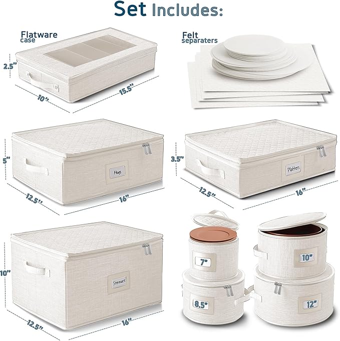 Fine China Storage Containers, 8 Piece Quilted Dish Storage Containers for Flatware & Utensil, Mug, Platter and Wine Glass with Felt Dividers, Durable Dinnerware Dish Organizers for Moving, Cream-NeatNest