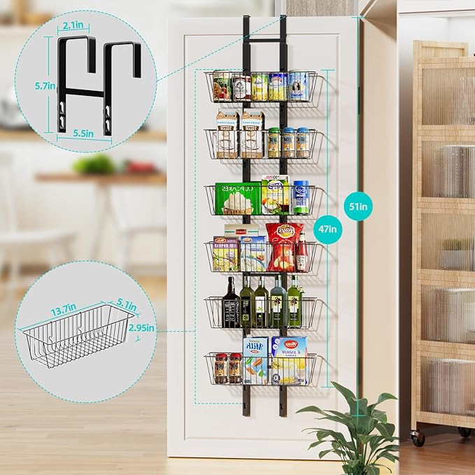 6-Tier Over The Door Pantry Organizer, Metal Hanging Storage Shelf with Adjustable 6 Baskets, Space-Saving Design Hanging Spice Rack for Kitchen, Bathroom, Laundry Room, Black