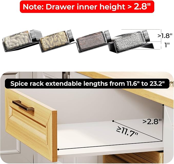 Famhap 6 Pack Spice Drawer Organizer with Labels and 36 Plastic Jars, Expandable from 11.7" to 23.2" Seasoning Rack Tray Insert for Kitchen Drawers, Spice Rack Drawer for Spice Jars-NeatNest