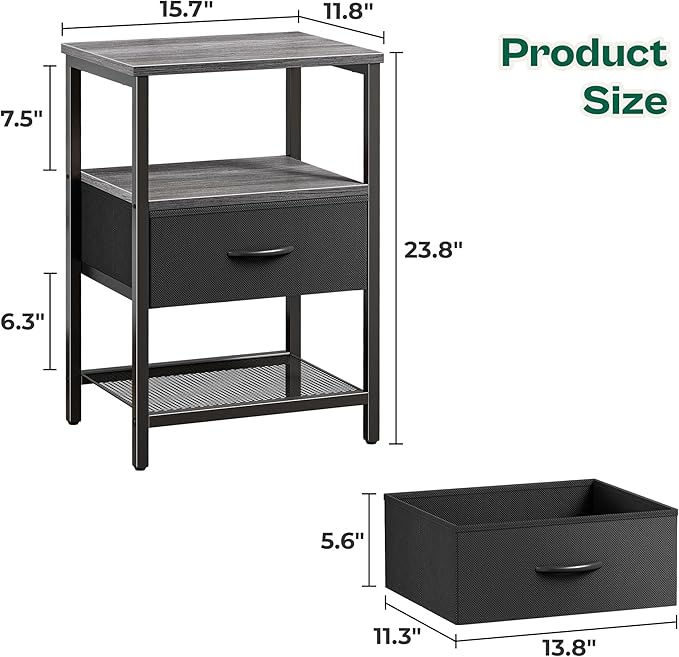 Huuger Nightstand Set of 2, Night Stand with Fabric Drawer, Mesh Shelf, Side Table with Storage, Fabric Drawer Dresser, Open Shelf, Metal Frame, Bedroom, Charcoal Gray