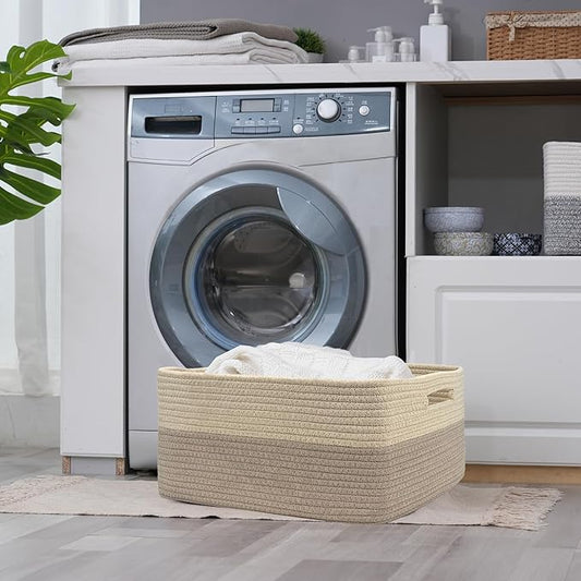 COMFY-HOMI Cotton Rope Woven Basket with Handles for Shelves,Toys,Book, Cloth Storage Baskets for Organizing-17" x 13" x 7.5" Toy Decorative Organizer for Living Room, Bathroom (Beige brown)-NeatNest