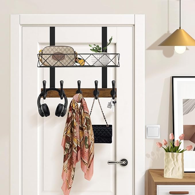 YINMIT Over The Door Hooks Organizer, Over The Door Hanger with Basket, Over The Door Towel Rack with 5 Metal Hooks, Over Door Hanger for Bathroom, Bedroom, Kitchen
