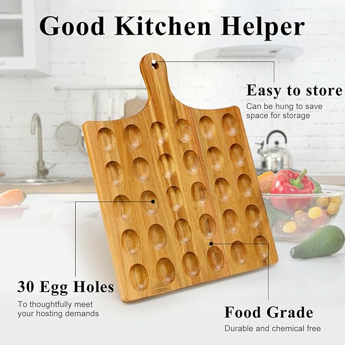 Acacia Wood Deviled Egg Platter Large 30 Holes Egg Holder for Kitchen Counter Wooden Serving Tray Easter Gift Hosting Devilled Eggs Container Charcuterie Board Carrier Cheese Plate Devil Egg Dish