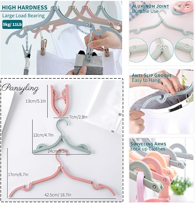 Portable Foldable Clothes Hanger, Plastic Travel Foldable Coat Hangers Clothes Drying Rack with 5 Holes Folding Hangers with Clips for Travel (2 Racks+5 Hanger)