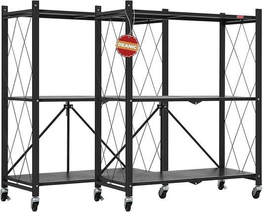 DEANIC 3 Tier Foldable Storage Shelves with Wheels, Kitchen Appliance Stand, Freestanding Metal Wire Shelf Rack, No Assembly Organizer Rolling Cart for Garage, Basement, Pantry(Black Pack of 2)-NeatNest