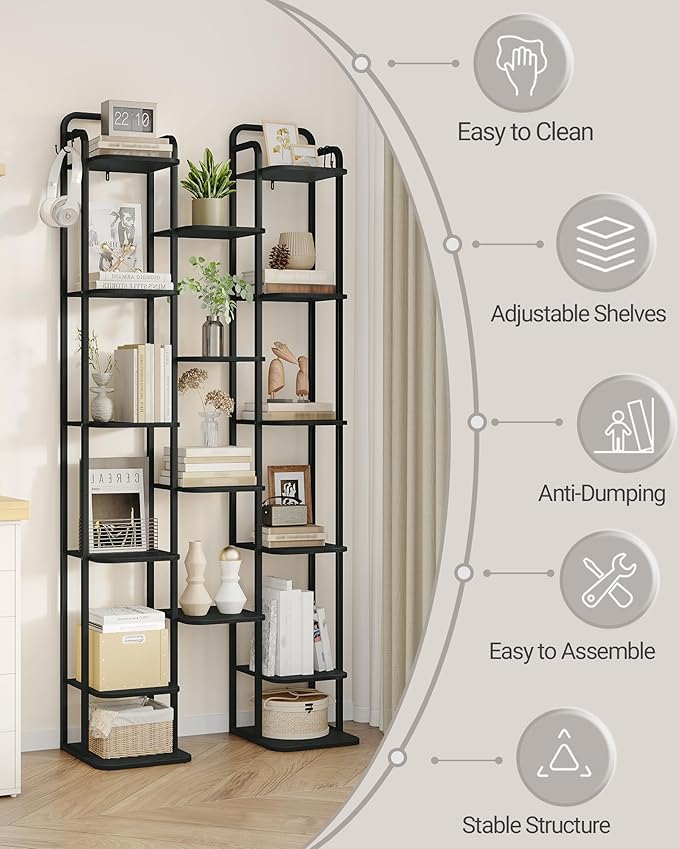 Vertical Shoe Rack, Shoe Shelves, Wood Shoe Organizer for Closet, Entryway, Shoe Tower for Small Spaces, Free Standing, Adjustable, with 2 Hooks, 10 Tier Black SR11204B-NeatNest